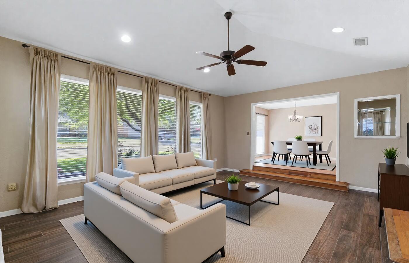 Living + Dining · Transitional staged result