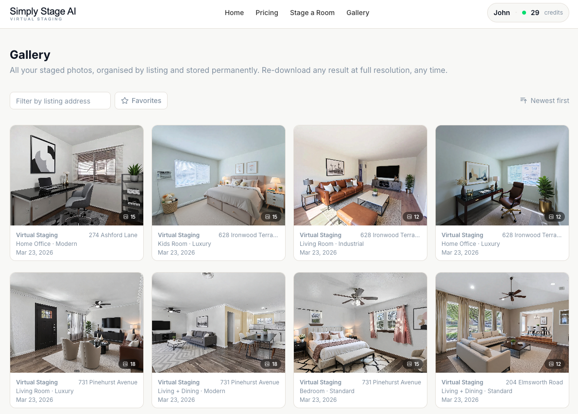 Simply Stage AI gallery showing staged listing photos organised by address